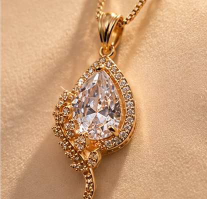 Gold Teardrop Crystal Halo Pendant Necklace