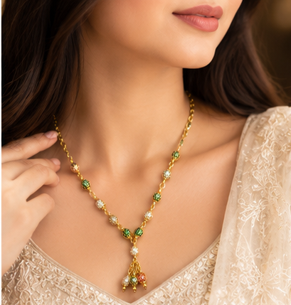 Gold Multicolor Enamel Bead Tassel Necklace