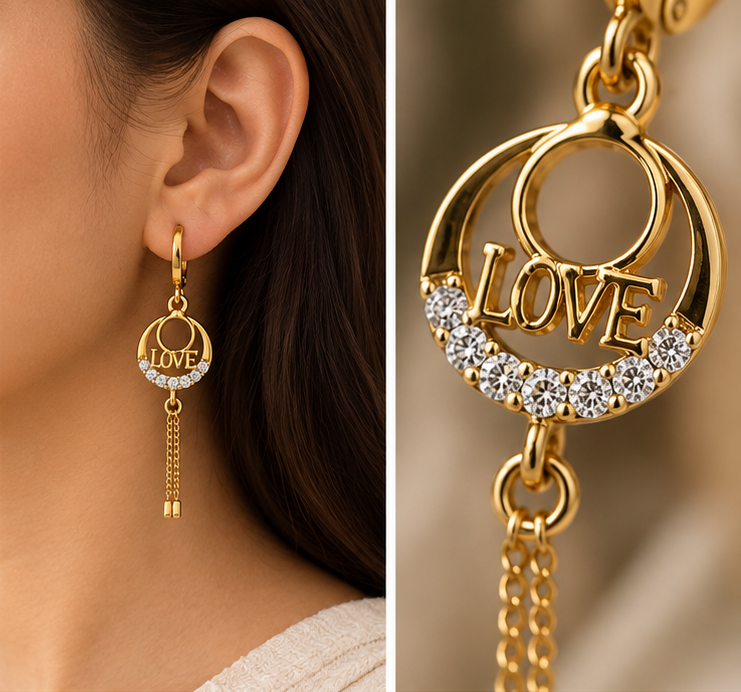 Gold Love Circle CZ Crystal Chain Tassel Drop Earrings
