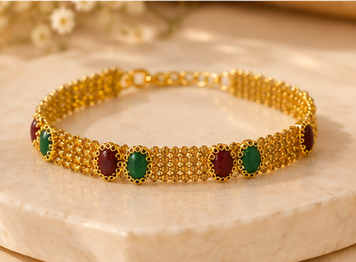 Gold Antique Ruby Emerald Oval Cabochon Mesh Bracelet