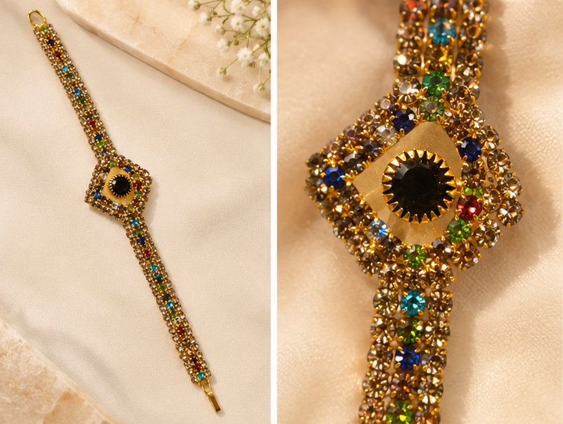 Gold Multicolor Rhinestone Black Onyx Diamond Centerpiece Bracelet