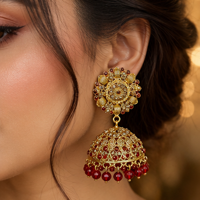 Gold Ruby Crystal Filigree Jhumka Earrings