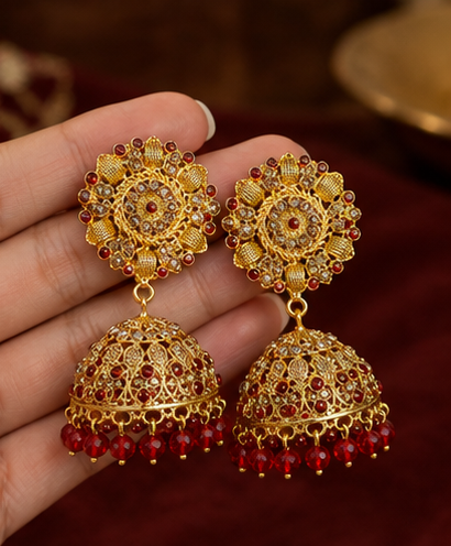 Gold Ruby Crystal Filigree Jhumka Earrings