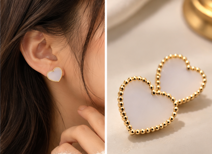 White Mother of Pearl Heart Gold Beaded Stud Earrings