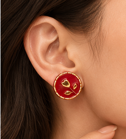 Red Enamel Gold Rose Leaf Round Stud Earrings