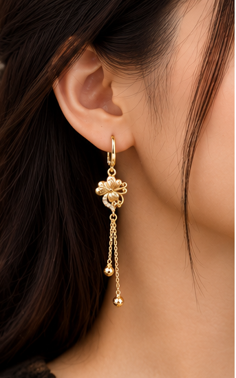 Gold Filigree Flower Crystal Chain Tassel Drop Earrings