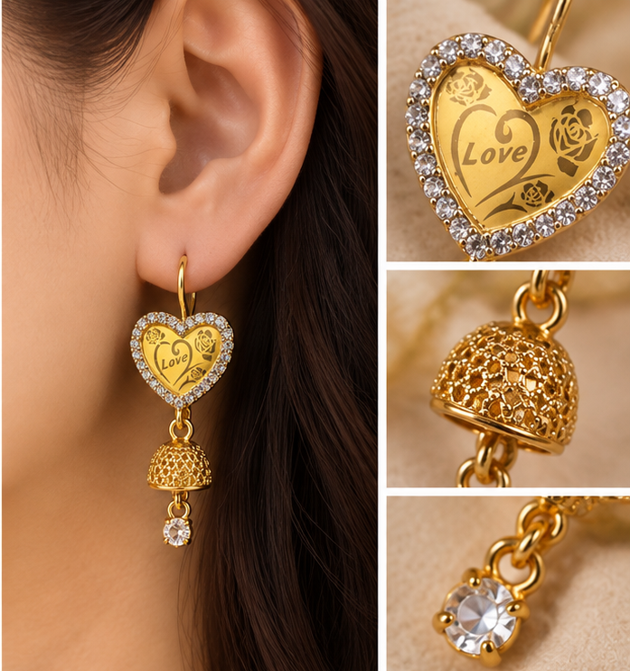 Gold Love Heart Crystal Jhumka Drop Earrings