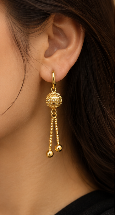 Gold Textured Disco Ball Chain Tassel Drop Earrings