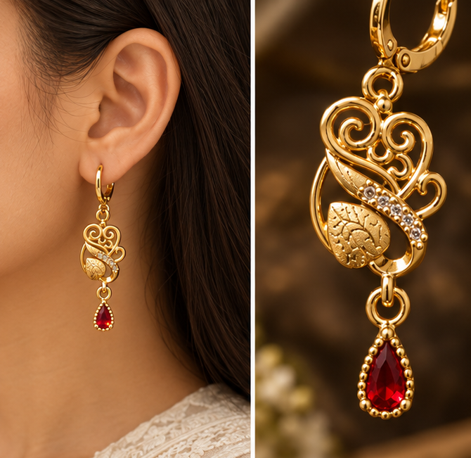Gold Vintage Peacock Scroll Ruby Teardrop Drop Earrings