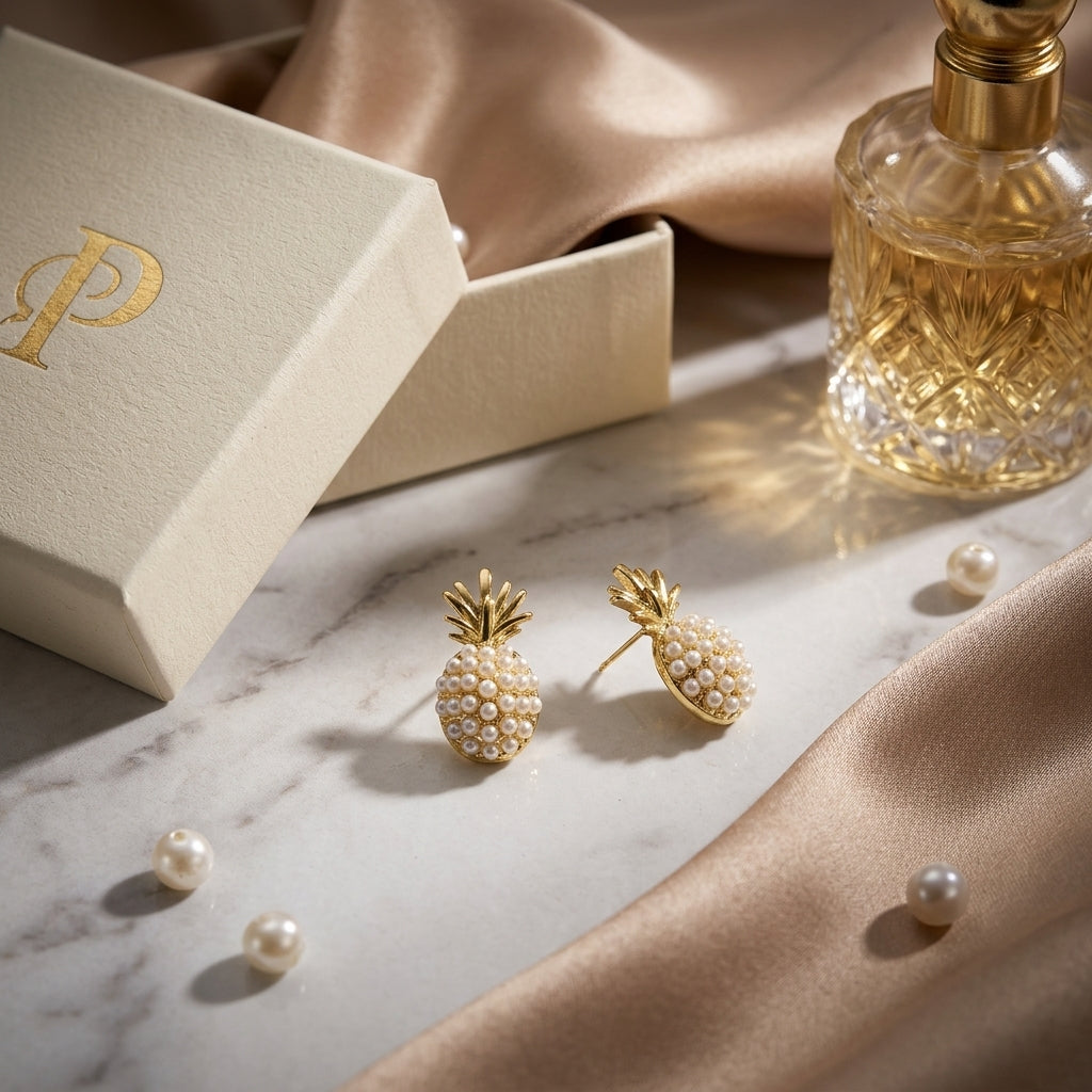 Gold Pineapple Pearl Stud Earrings