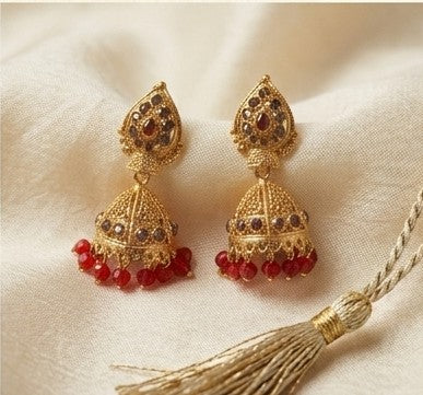 Gold Antique Filigree Jhumka Earrings with Red Beads