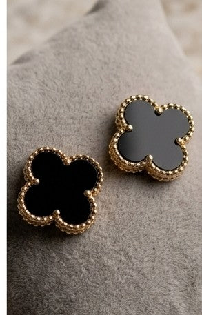 Earrings Trio Set - CZ Studs, Black Clover & Black Flower Studs