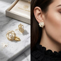 White Camellia Flower Pearl Stud Earrings