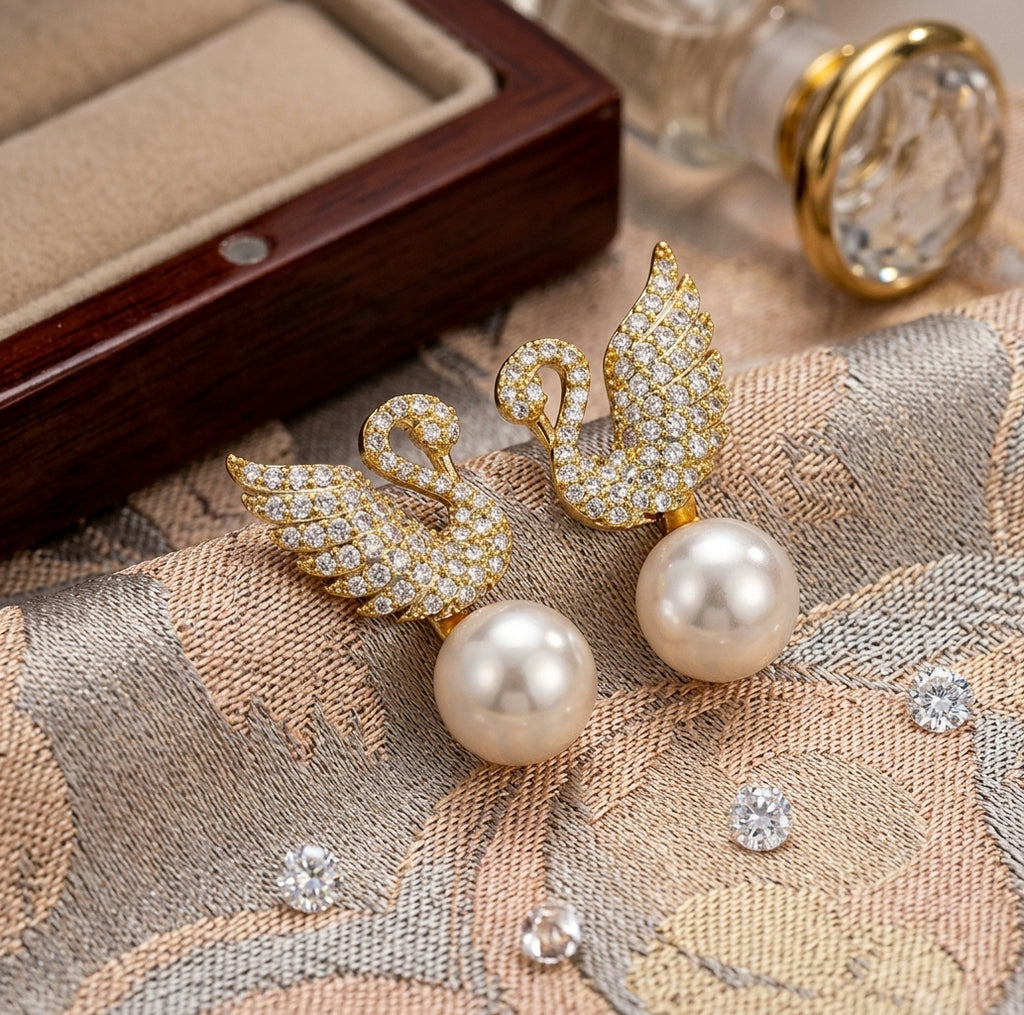 Gold Swan Zircon Pearl Drop Earrings