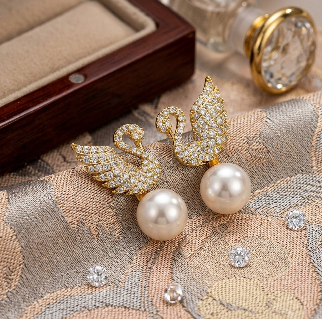 Gold Swan Zircon Pearl Drop Earrings