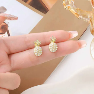 Gold Pineapple Pearl Stud Earrings