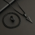 3pcs Hip Hop Set Black - Chain Pendant Necklace Ring
