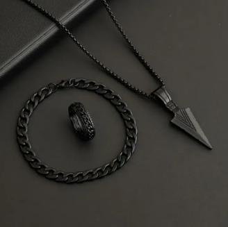 3pcs Hip Hop Set Black - Chain Pendant Necklace Ring