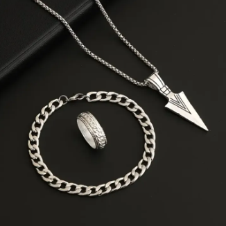 3pcs Hip Hop Set Silver - Chain Pendant Necklace Ring