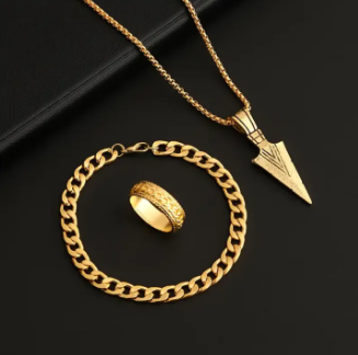 3pcs Hip Hop Set Gold - Chain Pendant Necklace Ring